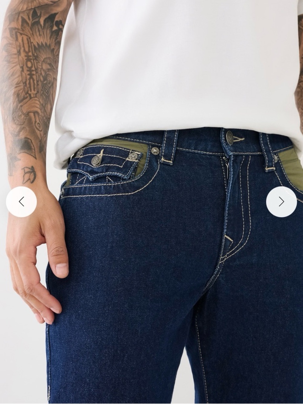 True Religion Ricky Single Needle Straight Jeans with Olive Accents